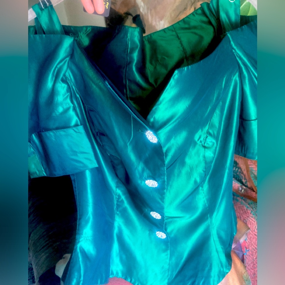 80s Vtg Holiday Green Taffeta shoulder corset top vest goth whimsy christmas